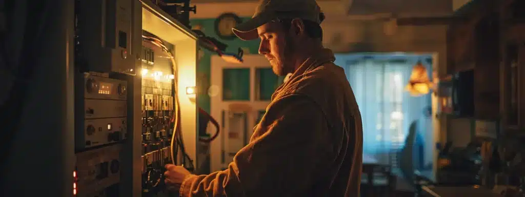 a skilled electrician carefully inspecting a circuit breaker panel in a well-lit lancaster ohio home.