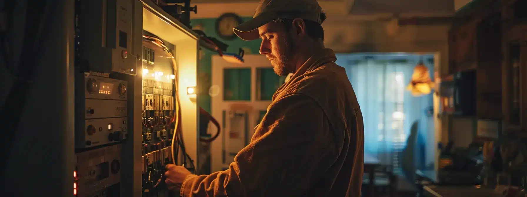 a skilled electrician carefully inspecting a circuit breaker panel in a well-lit lancaster ohio home.