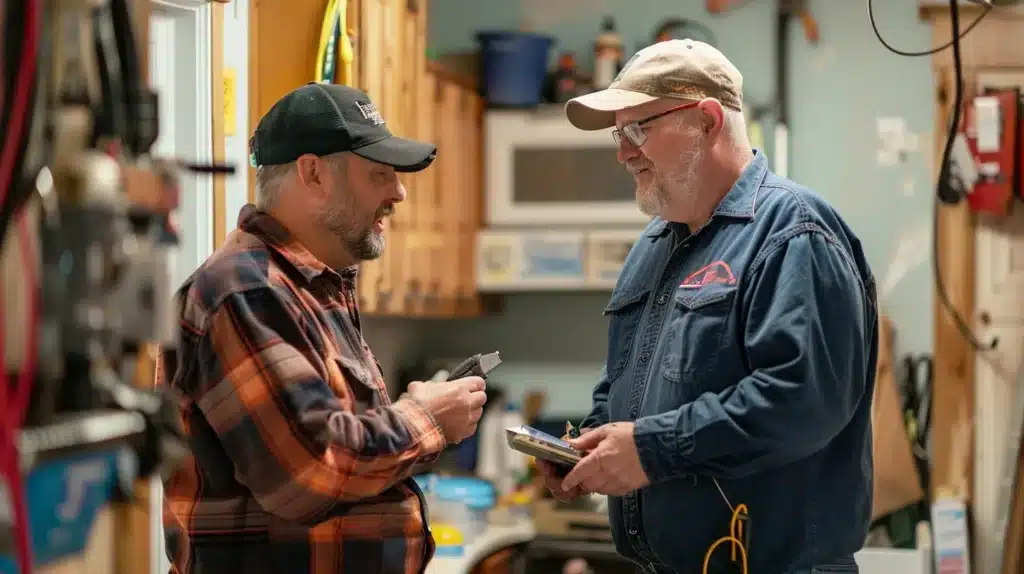 a confident homeowner consults with a professional electrician in a well-lit room, surrounded by tools and equipment, as they engage in a discussion about safety, credentials, and repair costs during an electrical emergency.